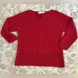 Women’s Liz Claiborne Crochet Style Knit Red Key Hole Tie Sweater Natural Fibers